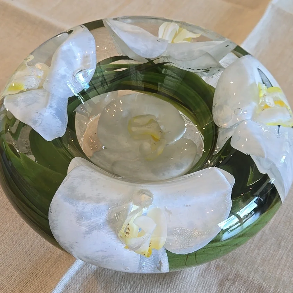 Elegant Glass Bowl with White Floral Design